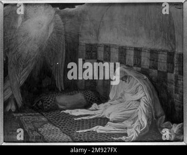 Die Verkündigung (L'annonciation) James Tissot (Französisch, 1836-1902). Die Verkündigung (L'annonciation), 1886-1894. Undurchsichtige Aquarelle über Graphit auf grauem gewebtem Papier, Bild: 6 11/16 x 8 9/16 Zoll (17 x 21,7 cm). Laut Luke erschien Maria ein Engel und verkündete, dass sie den Sohn Gottes tragen würde. Tissot hielt sich an künstlerische Präzedenzfälle für diese biblische Episode und setzte die Engelskünstlerin links und Maria rechts. Ihre weißen Bademäntel symbolisieren die Reinheit und heben sie von den Mustern ab, die der Künstler verwendete, um die „Authentizität“ des exotischen östlichen Setts zu signalisieren Stockfoto