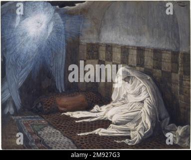Die Verkündigung (L'annonciation) James Tissot (Französisch, 1836-1902). Die Verkündigung (L'annonciation), 1886-1894. Undurchsichtige Aquarelle über Graphit auf grauem gewebtem Papier, Bild: 6 11/16 x 8 9/16 Zoll (17 x 21,7 cm). Laut Luke erschien Maria ein Engel und verkündete, dass sie den Sohn Gottes tragen würde. Tissot hielt sich an künstlerische Präzedenzfälle für diese biblische Episode und setzte die Engelskünstlerin links und Maria rechts. Ihre weißen Bademäntel symbolisieren die Reinheit und heben sie von den Mustern ab, die der Künstler verwendete, um die „Authentizität“ des exotischen östlichen Setts zu signalisieren Stockfoto