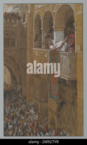 Sehen Sie den Mann (Ecce Homo) James Tissot (Französisch, 1836-1902). Siehe den Mann (Ecce Homo), 1886-1894. Undurchsichtige Aquarelle über Graphit auf grauem gewebtem Papier, Bild: 11 1/2 x 6 7/8 Zoll (29,2 x 17,5 cm). Pilatus ruft „Hiermit den Mann!“ und zeigt den besiegten und blutrünstigen Christus den Massen. Das Volk, das sich unten am Gericht versammelt hat, drängt auf seine Hinrichtung, mit erhobenen spitzen Fingern in beschuldigten Gesten. Auf der Loggie vor der versammelten Menge wäscht Pilatus – überzeugt von der Unschuld Jesu und beeindruckt von seiner würde, so Tissots Aussage – öffentlich seine Hände auf der Loggia vor dem Platz, Symbo Stockfoto