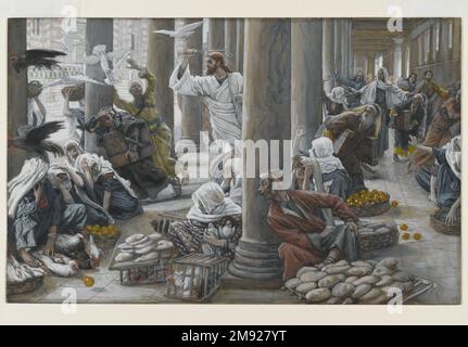 Die Händler jagten aus dem Tempel (Les vendeurs chassés du Temple) James Tissot (Französisch, 1836-1902). Die Händler jagten vom Tempel (Les vendeurs chassés du Temple), 1886-1894. Undurchsichtige Aquarelle über Graphit auf grauem gewebtem Papier, Bild: 7 5/16 x 11 9/16 Zoll (18,6 x 29,4 cm). Jesus treibt die Händler aus dem Tempel, unter ihnen Geldwechsler und diejenigen, die Tiere für Opfer und Nahrung für Gläubige verkaufen. Er verstreut ihre Waren – in einem dramatischen Flut von Taubenflügeln – während er eine Peitsche aus seinem eigenen Gürtel schwingt, schreibt Tissot in seinem Text. (Dieses letzte Detail stammt von Stockfoto