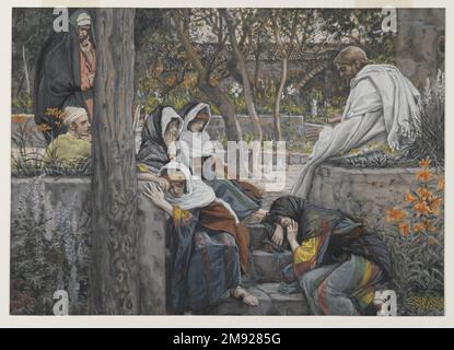 Jesus, Maria Magdalene und Martha in Bethany (Jésus à Bethanie, Marie, Madeleine et Marthe) James Tissot (Französisch, 1836-1902). Jesus, Maria Magdalene und Martha in Bethany (Jésus à Bethanie, Marie, Madeleine et Marthe), 1886-1894. Undurchsichtige Aquarelle über Graphit auf grauem gewebtem Papier, Bild: 7 15/16 x 11 3/16 Zoll (20,2 x 28,4 cm). Eingeladen nach Bethany, wo die Geschwister Lazarus und Martha wohnen, findet Jesus Erholung von seinem Ministerium und Frieden, um mit Freunden zu sprechen. Der Magdalena, der Jesus zuhören will, nimmt einen Platz zu seinen Füßen ein – viel zu der Frustration von Martha, die ihre Hilfe erwartet Stockfoto