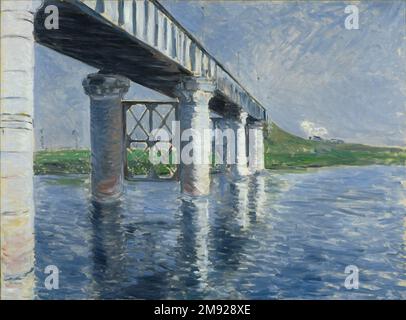 Die seine und die Eisenbahnbrücke in Argenteuil (La seine et le pont du chemin de fer d'Argenteuil) Gustave Caillebotte (Französisch, 1848-1894). Seine und Eisenbahnbrücke in Argenteuil (La seine et le pont du chemin de fer d'Argenteuil), 1885 oder 1887. Öl auf Segeltuch, 45 1/2 x 61 Zoll, 70 lb. (115,6 x 154,9 cm). Für Gustave Caillebotte war die Vorstadt Argenteuil eine ideale moderne Landschaft, in der Natur, Industrie und Freizeit zusammenlebten. Hier stellt der Künstler in einem fließenden Pinsel eines der bedeutendsten Symbole der Moderne des 19. Jahrhunderts dar – die Dampfeisenbahn – die kurz davor steht, den zu überqueren Stockfoto