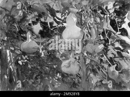 Gourds John Singer Sargent (Amerikaner, geboren in Italien, 1856-1925). Kürbisse, 1908. Undurchsichtige und lichtdurchlässige Aquarelle mit Graphitunterzeichnung, 13 13/16 x 19 11/16in. (35,1 x 50cm). Sargents außergewöhnliche Virtuosität ist in Rippchen zu sehen, gemalt auf Mallorca im Sommer oder Herbst 1908, nur wenige Monate vor dem New Yorker Debüt seiner Aquarelle. Sargent verließ sich in allen Wasserfarben seines Gartens auf das bildliche Gerüst von Skulpturenformen, um seine üppige Bilanz von lebendigem Licht zu verankern, das über Blätter und Blumen fiel. Hier die Früchte, leuchtend mit dünnen Wäschen und freiliegenden Papierflächen, Stockfoto