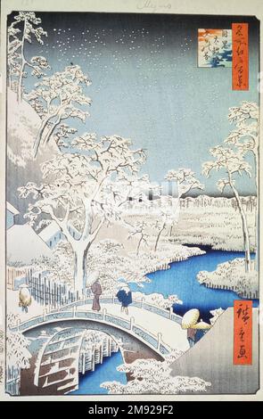 Meguro Drum Bridge und Sunset Hill, Nr. 111 von 100 berühmten Ausblicken auf Edo Utagawa Hiroshige (Ando) (Japanisch, 1797-1858). Meguro Drum Bridge und Sunset Hill, Nr. 111 aus hundert berühmten Ausblicken auf Edo, 4. Monat 1857. Holzblockdruck, Blatt: 14 3/16 x 9 1/4 cm (36 x 23,5 cm). Von den beiden im Titel genannten Sehenswürdigkeiten war die Trommelbrücke der berühmtere Ort in der Region Meguro. Bogenbrücken waren in Edo ungewöhnlich genug, aber noch merkwürdiger war eine Steinbrücke, die in einer erdbebenanfälligen Stadt wenig Vorteile bot. Abgerundete Formen und Steinstrukturen waren häufiger Stockfoto