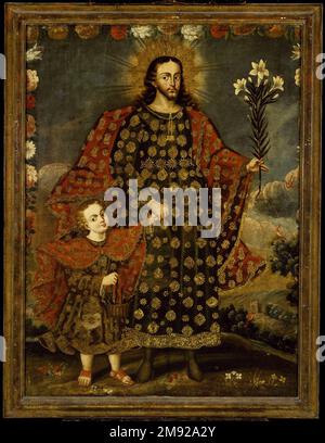 St. Joseph und die Christus-Kind-Cuzco-Schule. St. Joseph und das Christuskind, Ende des 17. Bis 18. Jahrhunderts. Öl auf Segeltuch, 43 x 32 1/8in. (109,2 x 81,6cm). Einige Gemälde von Lieblingsheiligen dekorierten manchmal ein Schlafzimmer. (Das Inventar von Manuel Herrera in Oruro im heutigen Bolivien aus dem Jahr 1784 enthält mehr als fünfzig religiöse Gemälde im alcoba.) Dieses Cuzco-Schulbild des Heiligen Joseph, der auch als schutzpatron des guten Todes diente, wäre ein passendes Werk für eine Schlafkammer gewesen, wo er über Abendgebet und Schlaf beobachtet hätte. Bilder des Heiligen Joseph kamen in Mode Stockfoto