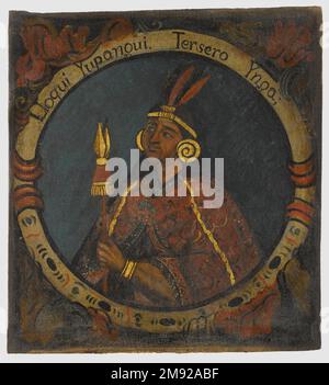 Lloqui Yupanqui, Dritte Inka, 1 von 14 Porträts von Inka Königen Unbekannt. Lloqui Yupanqui, Dritte Inka, 1 von 14 Porträts von Inka-Königen, Mitte des 18. Jahrhunderts (wahrscheinlich). Öl auf Segeltuch, 23 11/16 x 21 9/16in. (60,2 x 54,8cm). Der blaue Hintergrund dieser zwölf Porträts von Inka-Königen hätte mit einer Vielzahl von Pigmenten hergestellt werden können, die in der Viceroyalty von Peru im 18. Jahrhundert verfügbar waren: Preußischblau aus Deutschland, Indigo aus Amerika und Salt, Aus Europa importiert. In der Viceroyalty von Peru war die Wahl eines blauen Hintergrunds für diese Porträts strategisch, was die erhöhte Stockfoto