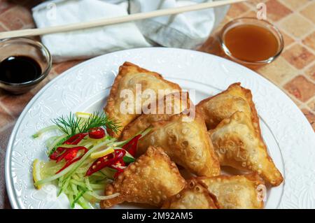 Mach einen Teller mit gebratenen Teigtaschen fertig. Köstliche japanische Teigtaschen in der Pfanne nennen sie Gyoza oder auch bekannt als chinesische Teigtaschen Jiaozi. Chinesische Wontons. Stockfoto