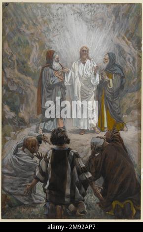 Die Transfiguration (La Transfiguration) James Tissot (Französisch, 1836-1902). Die Transfiguration (La-Transfiguration), 1886-1896. Undurchsichtige Aquarelle über Graphit auf grauem gewebtem Papier, Bild: 9 1/2 x 6 1/16 Zoll (24,1 x 15,4 cm). In der hier dargestellten Passage zieht sich Jesus wieder auf einen Berggipfel zurück, mit seinen Jüngern Peter, James und John, um zu beten. Er wird im Laufe seiner Gebete vor den Augen seiner Gefährten verwandelt; seine Gewänder strahlen ein blendendes weißes Licht aus. Außerdem scheinen die Propheten des Alten Testaments Elijah und Moses plötzlich mit ihm zu sprechen. In Tissots Darbietung ein Apostel-Shi Stockfoto