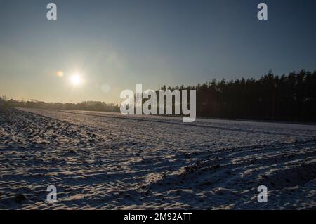 Winterlandschaft mit Sonne im Kontrast an kalten Tagen, Felder und Wälder. Stockfoto