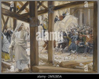 Die Juden nahmen die Felsen zu Stein Jesus (Les juifs prirent des Pierres pour lapider Jésus) James Tissot (Französisch, 1836-1902). Die Juden nahmen die Felsen zu Stein Jesus (Les juifs prirent des Pierres pour lapider Jésus), 1886-1896. Undurchsichtige Aquarelle über Graphit auf grauem gewebtem Papier, Bild: 6 1/8 x 8 1/4 Zoll (15,6 x 21 cm). Jesus' Gespräche mit Mitgliedern seiner Gemeinde eskalieren und werden gewalttätig: Wenn er behauptet, Abraham, den Patriarchen des Alten Testaments, zu kennen, sind gläubige Juden angesichts seiner Jugend skeptisch. In Anspielung auf seine eigene Transzendenz als Sohn Gottes antwortet er: "Bevor Abraham war, bin ich es." Bei t Stockfoto