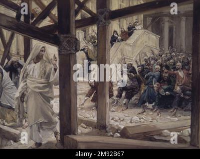 Die Juden nahmen die Felsen zu Stein Jesus (Les juifs prirent des Pierres pour lapider Jésus) James Tissot (Französisch, 1836-1902). Die Juden nahmen die Felsen zu Stein Jesus (Les juifs prirent des Pierres pour lapider Jésus), 1886-1896. Undurchsichtige Aquarelle über Graphit auf grauem gewebtem Papier, Bild: 6 1/8 x 8 1/4 Zoll (15,6 x 21 cm). Jesus' Gespräche mit Mitgliedern seiner Gemeinde eskalieren und werden gewalttätig: Wenn er behauptet, Abraham, den Patriarchen des Alten Testaments, zu kennen, sind gläubige Juden angesichts seiner Jugend skeptisch. In Anspielung auf seine eigene Transzendenz als Sohn Gottes antwortet er: "Bevor Abraham war, bin ich es." Bei t Stockfoto