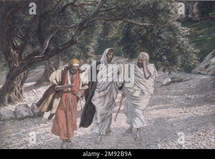 Die Pilger von Emmaus auf der Straße (Les pèlerins d'Emmaüs en chemin) James Tissot (Französisch, 1836-1902). Die Pilger von Emmaus auf der Straße (Les pèlerins d'Emmaüs en chemin), 1886-1894. Undurchsichtige Aquarelle über Graphit auf grauem gewebtem Papier, Bild: 7 7/16 x 10 5/8 Zoll (18,9 x 27 cm). Jesus erscheint auch zwei seiner Jünger auf dem Weg nach Emmaus. Sie sind nicht in der Lage, ihn zu erkennen, und erzählen dem scheinbar Fremden von Christi Tod und seinem anschließenden mysteriösen Verschwinden aus seinem Grab. Obwohl sie ihn für den Messias gehalten hatten, gestehen sie Zweifel ein, da er "Israel hätte erlösen sollen" als Luke RE Stockfoto