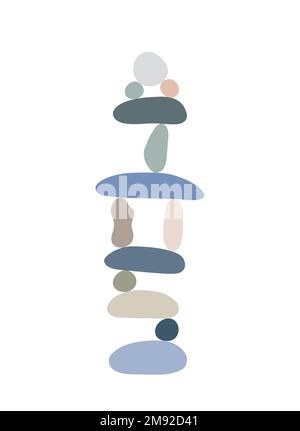 Zen Stones cairns Einfache abstrakte flache Vektordarstellung, Relax-, Meditations- und Yoga-Konzept, Bo-Farben Steinpyramide zum Erstellen von Bannern, Postern, Karten, Drucken, Wandgemälden Stock Vektor