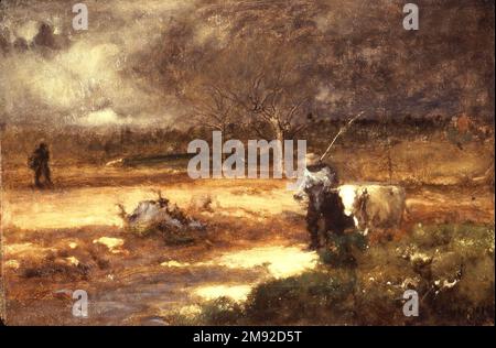 Homeward George Inness (Amerikanisch, 1825-1894). Nach Hause, 1881. Öl auf Segeltuch, 20 1/4 x 30 1/8 Zoll (51,5 x 76,5 cm). Dieses Bild wurde nie fertiggestellt, aber die Komposition bietet einen faszinierenden Einblick in George Inness' schnellen Arbeitsprozess in den Anfangsphasen der Malerei. Der Hintergrund wurde zunächst mit einem grau-braunen Mittelton getönt. Darauf folgte ein linearer Holzkohleunterstrich, der insbesondere in den Baumzweigen sichtbar war. Die ausdrucksstarke Pinselarbeit von Inness definiert das Bild mit nasser und trockener gezogener Farbe, kräftiger Farbe, Reibung und sogar der offensichtlichen Verwendung des Pinselstifts Stockfoto