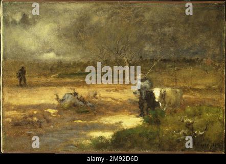 Homeward George Inness (Amerikanisch, 1825-1894). Nach Hause, 1881. Öl auf Segeltuch, 20 1/4 x 30 1/8 Zoll (51,5 x 76,5 cm). Dieses Bild wurde nie fertiggestellt, aber die Komposition bietet einen faszinierenden Einblick in George Inness' schnellen Arbeitsprozess in den Anfangsphasen der Malerei. Der Hintergrund wurde zunächst mit einem grau-braunen Mittelton getönt. Darauf folgte ein linearer Holzkohleunterstrich, der insbesondere in den Baumzweigen sichtbar war. Die ausdrucksstarke Pinselarbeit von Inness definiert das Bild mit nasser und trockener gezogener Farbe, kräftiger Farbe, Reibung und sogar der offensichtlichen Verwendung des Pinselstifts Stockfoto