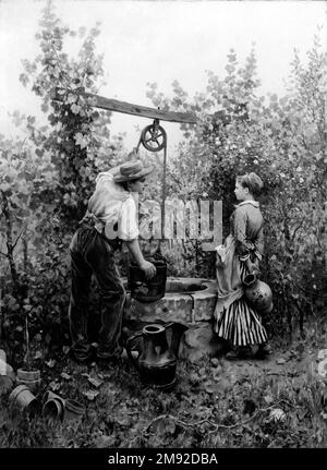 Der Brunnen Daniel Ridgway Knight (Amerikanisch, 1839-1924). Der Brunnen, 1880. Öl auf Segeltuch, 39 5/16 x 28 15/16 Zoll (99,9 x 73,5 cm). Wie viele Amerikaner seiner Generation suchte Daniel Ridgway Knight seine akademische Ausbildung in Paris, wo er 1873 als Auswanderer blieb. Der Brunnen, der typisch für die sentimentalisierten Bauern ist, die französisch ausgebildete Amerikaner besetzten und ihr Publikum zu Hause freuten, zeigt den detaillierten Charakter der frühen Arbeit von Knight. Im Einklang mit der strengen französischen akademischen Methode führte er vor der Flosse umfangreiche Vorbereitungsthemen durch Stockfoto