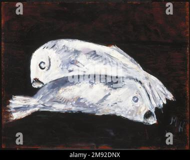 Weißer Kabeljau Marsden Hartley (Amerikanisch, 1877-1943). Weißer Kabeljau, 1942. Öl auf der Komposition, 22 x 28 Zoll (55,9 x 71,1 cm). In White Cod verwandelte der amerikanische Modernist Marsden Hartley die traditionelle allegorische Funktion des Stilllebens in ein Erinnerungsstück, eine Erinnerung daran, dass alle Lebewesen sterben müssen, in eine zutiefst persönliche Gedenkstätte. Die beiden toten Kabeljauarten deuten höchstwahrscheinlich auf das Ertrinken von Alton und Donald Mason im Jahr 1936 hin, Söhne einer Fischerfamilie Neuschottlands, mit der er in den Sommern 1935 und 1936 lebte. Hartley hat den Tod seiner geliebten Freunde mit Christi Märtyrertum in Verbindung gebracht Stockfoto