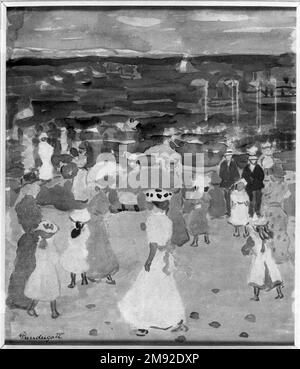 Sunday on the Beach Maurice Brazil Prendergast (amerikanisch, 1858-1924). Sonntag am Strand, ca. 1896-1898. Aquarell auf cremefarbenem, mäßig dickem, mäßig strukturiertem gewebtem Papier, 17 3/4 x 13 5/16 cm (45,1 x 33,8 cm). Maurice Prendergast war einer der ersten Amerikaner, der Aquarell in modernistischer Weise verwendet hat, wodurch Passagen unlackierten Papiers eine Rolle bei der Beschreibung der kurz beschriebenen Formen spielten. Prendergasts Stil und seine Fächer waren weitgehend von der französischen Post-Impressionistischen Kunst inspiriert, die er als Student in Paris Anfang der 1890er Jahre kennengelernt hatte. Sein bekanntestes Thema war der Modus Stockfoto