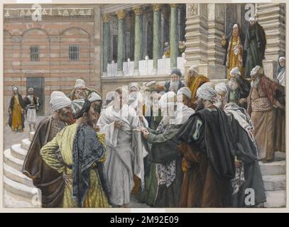 The Tribute Money (Le Denier de César) James Tissot (Französisch, 1836-1902). , 1886-1894. Undurchsichtige Aquarelle über Graphit auf grauem gewebtem Papier, Bild: 7 5/8 x 10 7/16 Zoll (19,4 x 26,5 cm). Jesus wird von den Priestern und Schriftstellern aufmerksam beobachtet, die hoffen, ihn als Bedrohung der römischen Herrschaft festnehmen zu lassen. Auf die Frage, ob Rom geehrt werden soll, zeigt Jesus auf eine Münze, die mit dem Bild des Kaisers eingraviert ist, und erhebt eine andere Hand in den Himmel, indem er sagt: "Gebt Cäsar damit die Dinge, die Cäsar gehören, und Gott die Dinge, die Gottes sind." Unterscheidung zwischen terrestrisch und di Stockfoto