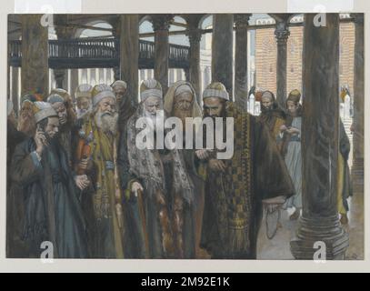 Die Chefpriester nehmen den Rat zusammen (Les Princes des prêtres se Consultant) James Tissot (Französisch, 1836-1902). , 1886-1894. Undurchsichtige Aquarelle über Graphit auf grauem gewebtem Papier, Bild: 7 1/8 x 10 5/16 Zoll (18,1 x 26,2 cm). Nach dem triumphalen Einzug Jesu in Jerusalem treffen sich die Priester und Schriftsteller, um ihre Antwort auf die Herausforderung seiner zunehmenden Popularität zu erörtern: Sie beschließen, einen Weg zu finden, ihn zu vernichten. Wieder einmal konzentriert sich Tissot auf die Kostüme der Priester, mit ihren kunstvoll gewobenen und drapierten Textilien (gesäumt mit Fell, im Falle des weißbärtigen Priesters in der Mitte Stockfoto