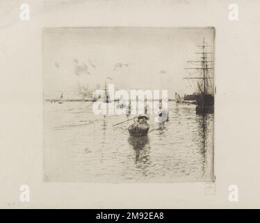 Laguna mit Steamers und Gondolas Robert Frederick Blum (amerikanisch, 1857-1903). Laguna mit Dampfern und Gondeln, 1885. Ätzen von schwarzer Tinte auf cremefarbenem, mitteldickem, leicht strukturiertem gewebtem japanischem Papier, Blatt: 10 5/16 x 15 3/8 cm (26,2 x 39,1 cm). Obwohl Robert Blum seit seiner Jugend an japanischer Kunst interessiert war, entwickelte er im Sommer 1880 ein ausgeklügelteres Verständnis für seine Ästhetik durch seinen engen Kontakt mit James McNeill Whistler in Venedig, dem Schauplatz dieses Werks. Von Whistler lernte er, Kompositionsspannungen zwischen leeren Bereichen und Motiven zu erzeugen Stockfoto