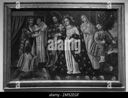 Hochzeit von Mary und Joseph Unknown. Hochzeit von Mary und Joseph, Ende des 17. Jahrhunderts. Öl auf Segeltuch, 32 5/8 x 48 1/4 Zoll (82,9 x 122,6 cm). Hier sehen wir Mary und Joseph am Tempel vor einem Hohepriester in einem reich verzierten, blumengemusterten Kapuzenmantel. Ihm in zeitgenössischen Kleidern zu helfen, flankiert ihn. Joseph trägt seinen Stab, blühend mit Lilien--ein himmlisches Zeichen, dass Joseph von Gott auserwählt wurde, um Mary zu heiraten. Braut und Bräutigam haben goldene Halos. Hinter der Braut steht ihre Mutter, Ann, die in Ehrfurcht und Glück spendet. Ganz rechts bricht ein abgelehnter Verehrer seinen Stab, w Stockfoto