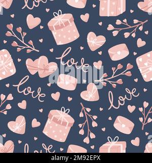 Valentinstag. Love Concept niedliche Vektordarstellung Nahtloses Muster mit Herzen, Liebe, Blumen, Umschlag, Pfeilen, eine tasse Kaffee und Cupcakes. Stock Vektor