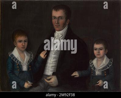 John Jacob Anderson und Sons, John und Edward Joshua Johnson (aktiv um 1795-1825). John Jacob Anderson und Söhne, John und Edward, Ca. 1812-1815. Öl auf Segeltuch, 30 1/8 x 39 11/16 Zoll (76,5 x 100,8 cm). Joshua Johnson hatte ein Talent für die zarte Abgrenzung von Familienbeziehungen. Hier streckt jeder der Jungen einen Arm zu seinem Vater und legt eine blasse Hand auf seine stabile Form. Die Hand ihres Vaters, offen in seinem Schoß, deutet auf eine sanfte Zugänglichkeit hin. Johnson wurde in die Sklaverei geboren. Der Sohn eines weißen Mannes und einer versklavten afroamerikanischen Frau wurde 1782 von seinem Vater befreit. Bis zum Ende des Ei Stockfoto