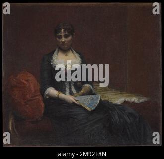 Porträt von Madame Léon Maître (Portrait de Madame Léon Maître) Henri Fantin-Latour (Französisch, 1836-1904). , 1882. Öl auf Leinwand, 50 x 55 1/8 Zoll, 122 lb. (127 x 140 cm, 55,34kg). Henri Fantin-Latour gab seinem Babysitter – der Schwägerin eines Freundes – einen Hauch von selbstbewusster Melancholie, und der fein gerenderte Schmuck, Fan und die Ansteckblume enthüllen sein Talent für das Stillleben. Während er an diesem Porträt arbeitete, sah der Künstler wahrscheinlich Eine Bar im Folies-Bergère im Studio seines langjährigen Freundes Edouard Manet. Madame Maître schwarzes Abendkleid mit Spitzenbesatz, ihre Schokolade und die Blumen in ihrem Déco Stockfoto