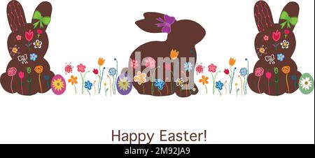 Bunny mit Frühlingsblumen und Eiern. Frohe Ostergrußkarte Stock Vektor