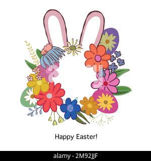 Hasenohr, Eier und Blume. Grußkarte „Happy Easter“ mit Kranzmotiv Stock Vektor
