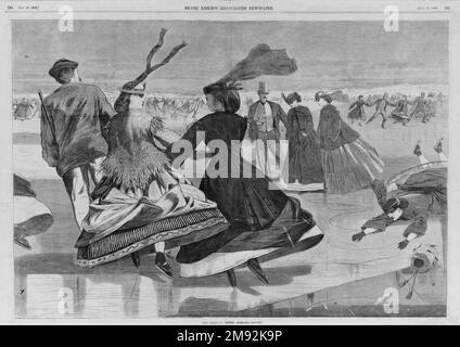 Unsere Nationale Winterübung--Skating Winslow Homer (Amerikanisch, 1836-1910). , 1866. Holzgravierung, Bild: 13 7/8 x 20 1/4 Zoll (35,2 x 51,4 cm). Homers künstlerisches Wachstum wird hier durch sein Interesse an der Figur als einem wichtigen Designelement signalisiert. Die physische Anmut und Kontrolle, die für das Skaten erforderlich sind, werden durch die Zusammenstellung der drei prominenten Figuren vermittelt, die eine starke Diagonale bilden, die die Zusammensetzung teilt. Ihre Formen sind parallel zueinander und steuern und vereinheitlichen den Gesamtrhythmus der Zusammensetzung. Diese visuellen Harmonien verleihen der Gravur ein stilvolles Flair, in der das Auge von der Gravur gezogen wird Stockfoto