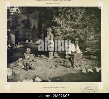 Blick auf die anthropologische Ausstellung in Moskau 'Gruppe der haarigen Menschen' ca. 1879 Stockfoto