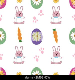 Bunny mit bunten Eiern, Gänseblümchen und Häschen. Frohes Ostern nahtloser Textildesign-Hintergrund Stock Vektor