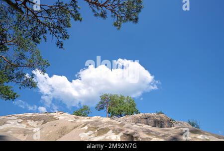 Riesige Felsformationen hoch in den Bergen mit wachsenden Bäumen an sonnigen Sommertagen Stockfoto