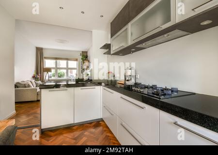 Offene Küche mit modernen Geräten und Wohnzimmer mit neuen Möbeln in einem neuen, offenen Apartment Stockfoto