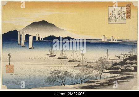 Rückkehr Sails in Yabase (Yabase no Kihan), aus acht Ansichten der Provinz Omi (Omi Hakkei) Utagawa Hiroshige (Ando) (Japanisch, 1797-1858). , Ca. 1834. Farbiger Holzblock auf Papier, Blatt: 9 1/8 x 14 1/16 Zoll (23,2 x 35,7 cm). Toyoharu, der Gründer der Schule Utagawa, schuf in den 1770er Jahren eine einlagige Behandlung der acht Ansichten der Provinz Ōmi, inspiriert von der chinesischen Tradition, malerische Gebiete mit starken literarischen Assoziationen darzustellen. Hiroshige produzierte viele Serien auf der Grundlage dieses Modells, die das Gebiet um den Biwa-See darstellen. Diese horizontale Serie gehört zu seinen CE-Werten Stockfoto