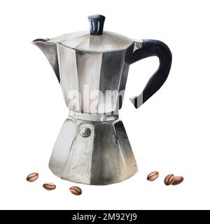 Wasserfarben-Illustration Geysirkaffeemaschine mit ein paar Kaffeebohnen. Handmalerei auf einem isolierten weißen Hintergrund. Für Designer, Speisekarte, Geschäft, Bar Stockfoto