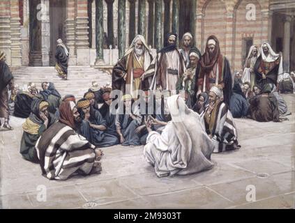 Jesus spricht in der Nähe des Finanzministeriums (Jésus parle près du trésor) James Tissot (Französisch, 1836-1902). Jesus spricht in der Nähe des Finanzministeriums (Jésus parle près du trésor), 1886-1896. Undurchsichtige Aquarelle über Graphit auf grauem gewebtem Papier, Bild: 6 5/8 x 9 5/16 Zoll (16,8 x 23,7 cm). Europäische Art. 1886-1896 Stockfoto