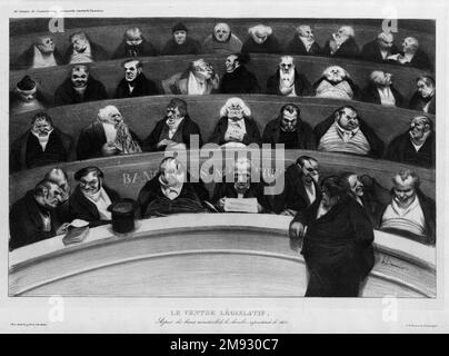 The Legislative Belly (Le Ventre législatif) Honoré Daumier (Französisch, 1808-1879). The Legislative Belly (Le Ventre législatif), Januar 1834. Lithografie auf gewebtem Papier, Blatt: 12 x 17 13/16 Zoll (30,5 x 45,2 cm). Die etwa viertausend lithographischen Karikaturen, die Honoré Daumier produzierte, wurden im Paris des 19. Jahrhunderts weit verbreitet, wo sie für ihre scharfe Satire des modernen Lebens geschätzt wurden. Daumier, ein Kritiker der französischen Monarchie, stand oft im Widerspruch zu den zeitgenössischen Zensurgesetzen und saß 1832 im Gefängnis, weil er den französischen König Karl X verspottete Stockfoto
