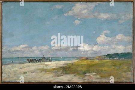 The Beach at Trouville (Trouville, La Plage) Eugène Louis Boudin (Französisch, 1824-1898). Der Strand in Trouville (Trouville, La Plage), ca. 1887-1896. Öl auf Segeltuch, 14 3/8 x 23 Zoll (36,5 x 58,4 cm). Hier stellte Eugène Louis Boudin einheimische Arbeiter in einem Pferdewagen dar, der einen Strand überquerte, der zu anderen Zeiten voller angesagter urbaner Touristen war. Er engagierte sich für die Arbeit an der frischen Luft (im Freien), um das Spiel des Lichts auf Wasser und die Wolken in Farbflecken mit Frische und Aktualität festzuhalten. Dieser Ansatz hatte einen tiefgreifenden Einfluss auf seinen jüngeren Freund Claude Monet, der sich erinnerte: „Eines Tages Stockfoto