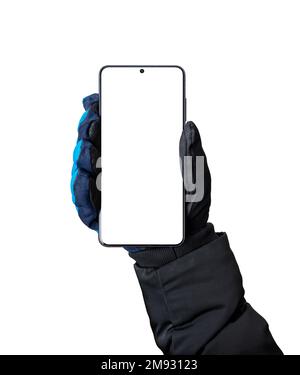 Isoliertes Telefon in der Hand mit Winterhandschuh. Modernes Telefon mit dünnen Kanten und Kamera für App-Präsentationsmodelle. Vertikale Position Stockfoto