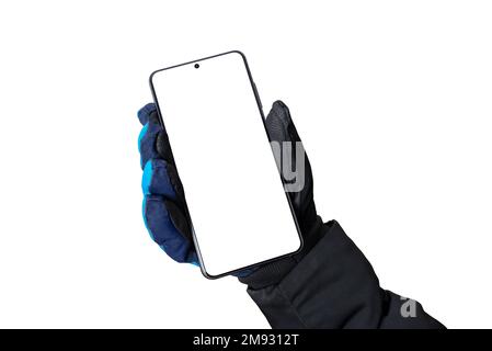 Wintermodell eines Handschuhhandschuhs in der Hand zur Bewerbung des App- oder Webseitendesigns. Nahaufnahme Stockfoto