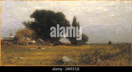 Trees and Meadow Robert Swain Gifford (amerikanisch, 1840-1905). Trees and Meadow, ca. 1885. Öl auf Leinwand, 11 15/16 x 23 7/8 Zoll (30,3 x 60,6 cm). Amerikanische Kunst ca. 1885 Stockfoto