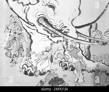Blinde Männer bewerten Elefanten Ohara Donshu (Japanisch, 1792-1857). Blinde Männer schätzen einen Elefanten, Anfang des 19. Jahrhunderts. Tinte und Farben auf Papier, insgesamt: 92 x 46 1/2 Zoll (233,7 x 118,1 cm). Asiatische Kunst Anfang des 19. Jahrhunderts Stockfoto