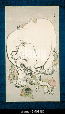 Blinde Männer bewerten Elefanten Ohara Donshu (Japanisch, 1792-1857). Blinde Männer schätzen einen Elefanten, Anfang des 19. Jahrhunderts. Tinte und Farben auf Papier, insgesamt: 92 x 46 1/2 Zoll (233,7 x 118,1 cm). Asiatische Kunst Anfang des 19. Jahrhunderts Stockfoto