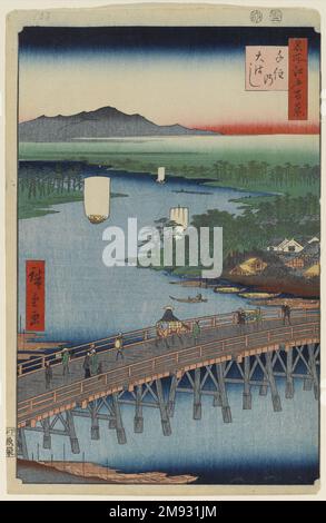 Senju Great Bridge, Nr. 103 von 100 berühmten Ausblicken auf Edo Utagawa Hiroshige (Ando) (Japanisch, 1797-1858). Senju Great Bridge, Nr. 103, von 100 berühmten Ausblicken auf Edo, 2. Monat 1856. Holzblockdruck, Blatt: 14 3/16 x 9 1/4 cm (36 x 23,5 cm). Asiatische Kunst 2. Monat 1856 Stockfoto