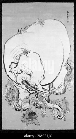 Blinde Männer bewerten Elefanten Ohara Donshu (Japanisch, 1792-1857). Blinde Männer schätzen einen Elefanten, Anfang des 19. Jahrhunderts. Tinte und Farben auf Papier, insgesamt: 92 x 46 1/2 Zoll (233,7 x 118,1 cm). Asiatische Kunst Anfang des 19. Jahrhunderts Stockfoto