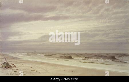 Strandszene mit Barrel und Anchor William Trost Richards (amerikanisch, 1833-1905). Strandszene mit Barrel und Anker, 1870. Aquarell- und lichtundurchlässige Aquarelle mit Graphitunterzeichnung auf gewebtem Papier, 8 5/16 x 13 15/16 Zoll (21,1 x 35,4 cm). Amerikanische Kunst 1870 Stockfoto