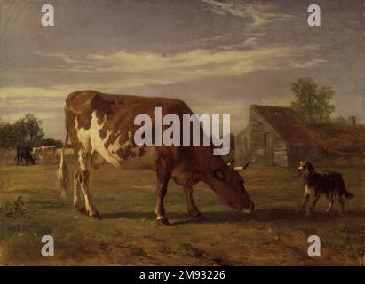 Kuh in einem Gehege; Ein Hund, der sie anmacht (Vache paissant dans un enclos; un chien aboie après elle) Constant Troyon (Französisch, 1810-1865). Kuh in einem Gehege; Ein Hund, der sie anmacht (Vache paissant dans un enclos; un chien aboie après elle), ca. 1852-1863. Öl auf vorgrundiertem Segeltuch, 28 1/4 x 35 1/4 Zoll (71,8 x 89,5 cm). Europäische Kunst ca. 1852-1863 Stockfoto